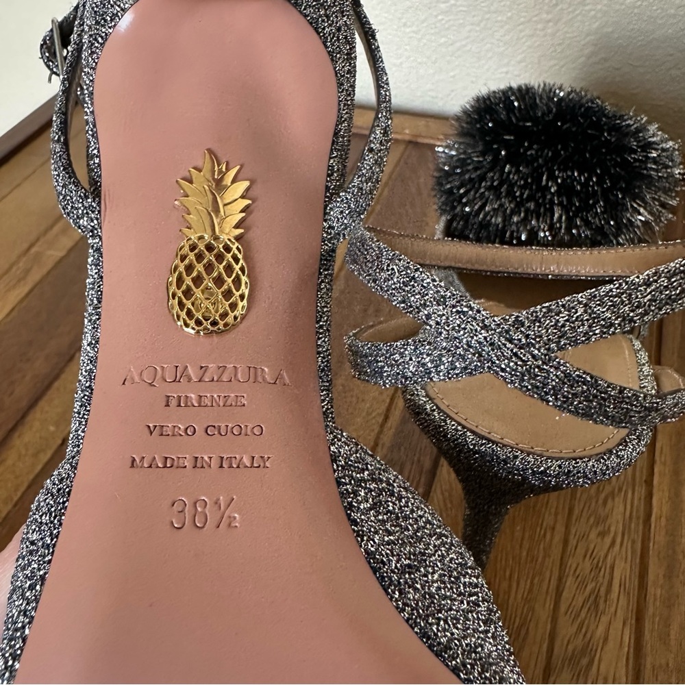 Aquazzura Firenze Silver Sparkly Metallic Powder Puff Slingback 38.5 - Picture 6 of 16